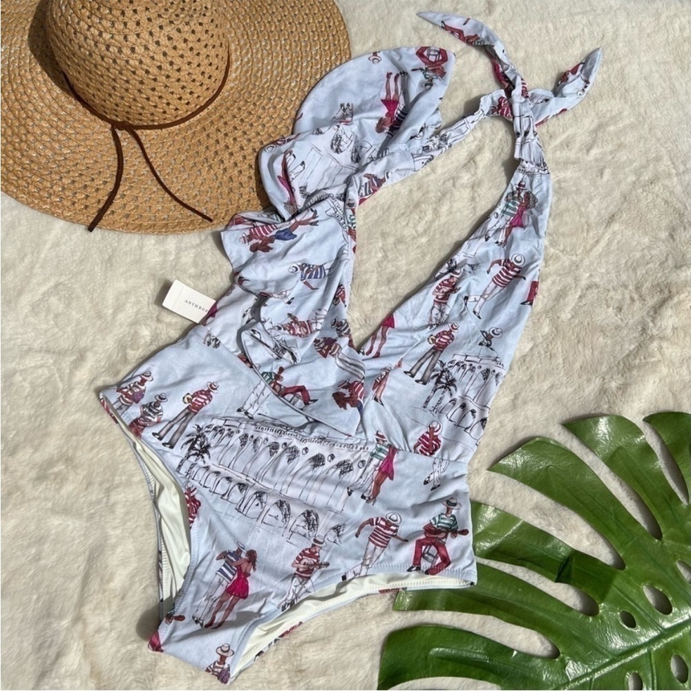 PatBO Rio Print Ruffle Deep V One Piece Swimsuit NWT Brazil Anthro Large - Picture 3 of 12